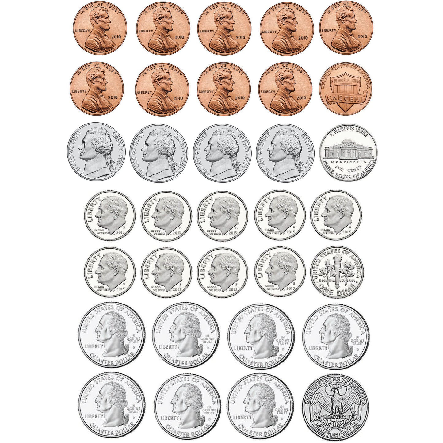 Math Die-Cut Magnets, U.S. Coins, 33 Per Pack, 6 Packs