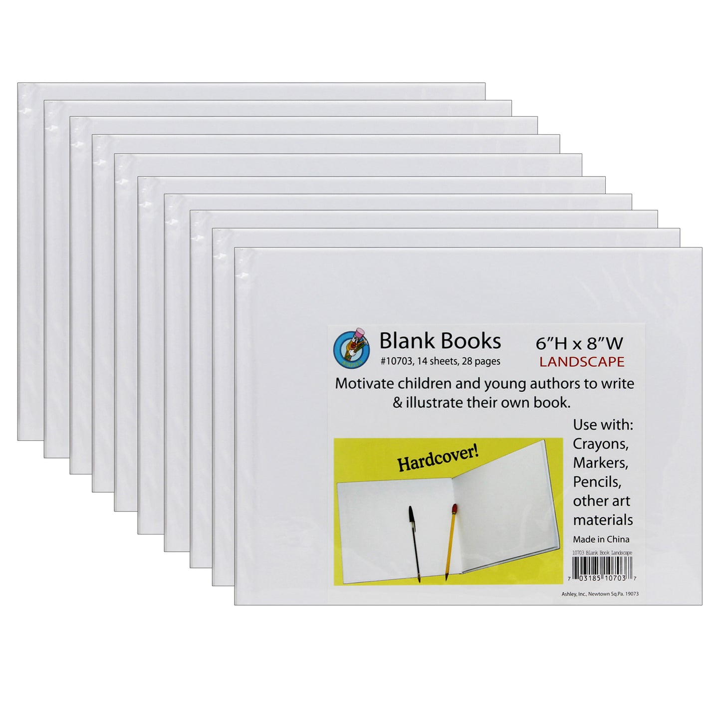 Hardcover Blank Book, 8" x 6" Landscape, White, Pack of 10