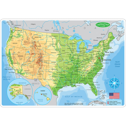 Smart Poly™ Learning Mat, 12" x 17", Double-Sided, U.S. Physical Map