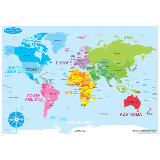 Smart Poly™ Learning Mat, 12" x 17", Double-Sided, World Basic Map