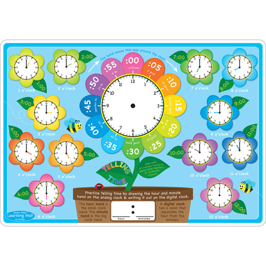 Smart Poly™ Learning Mat, 12" x 17", Double-Sided, Telling Time