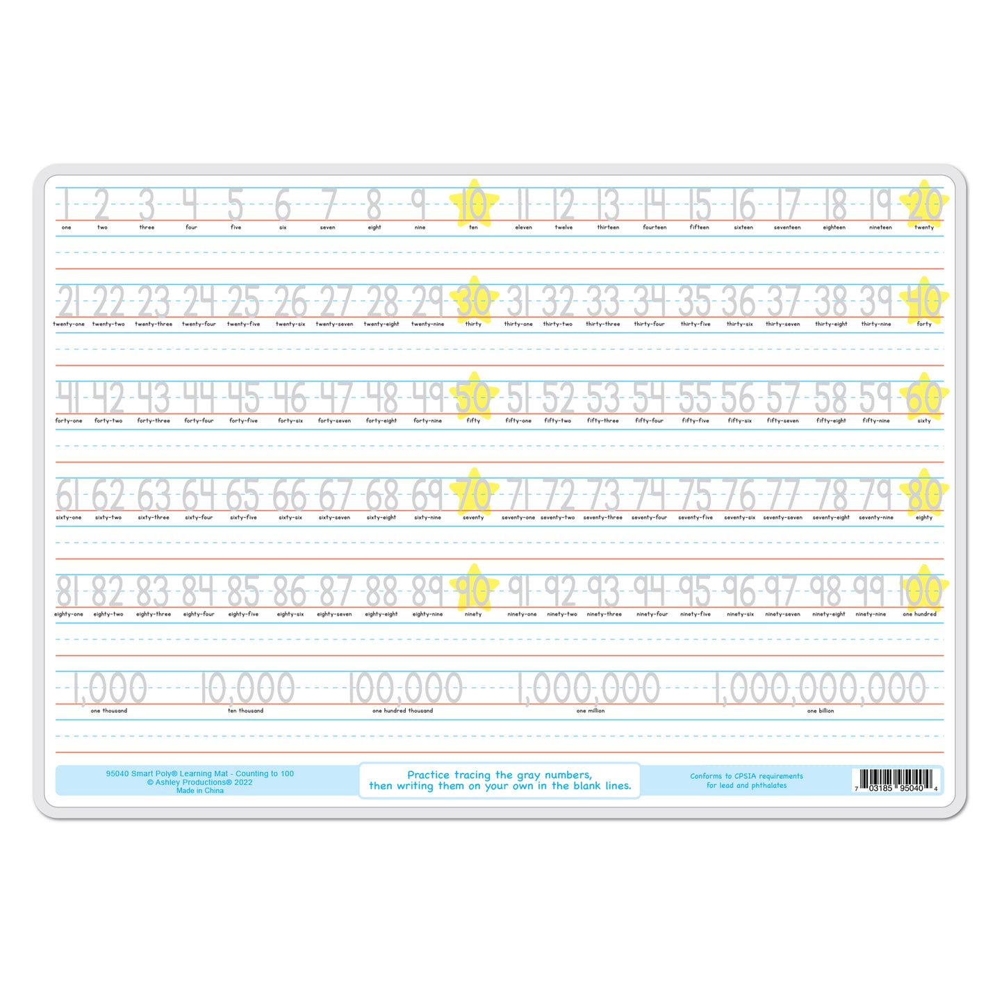 Smart Poly® Learning Mat Double-Sided, Counting 1-100, 12" x 17"