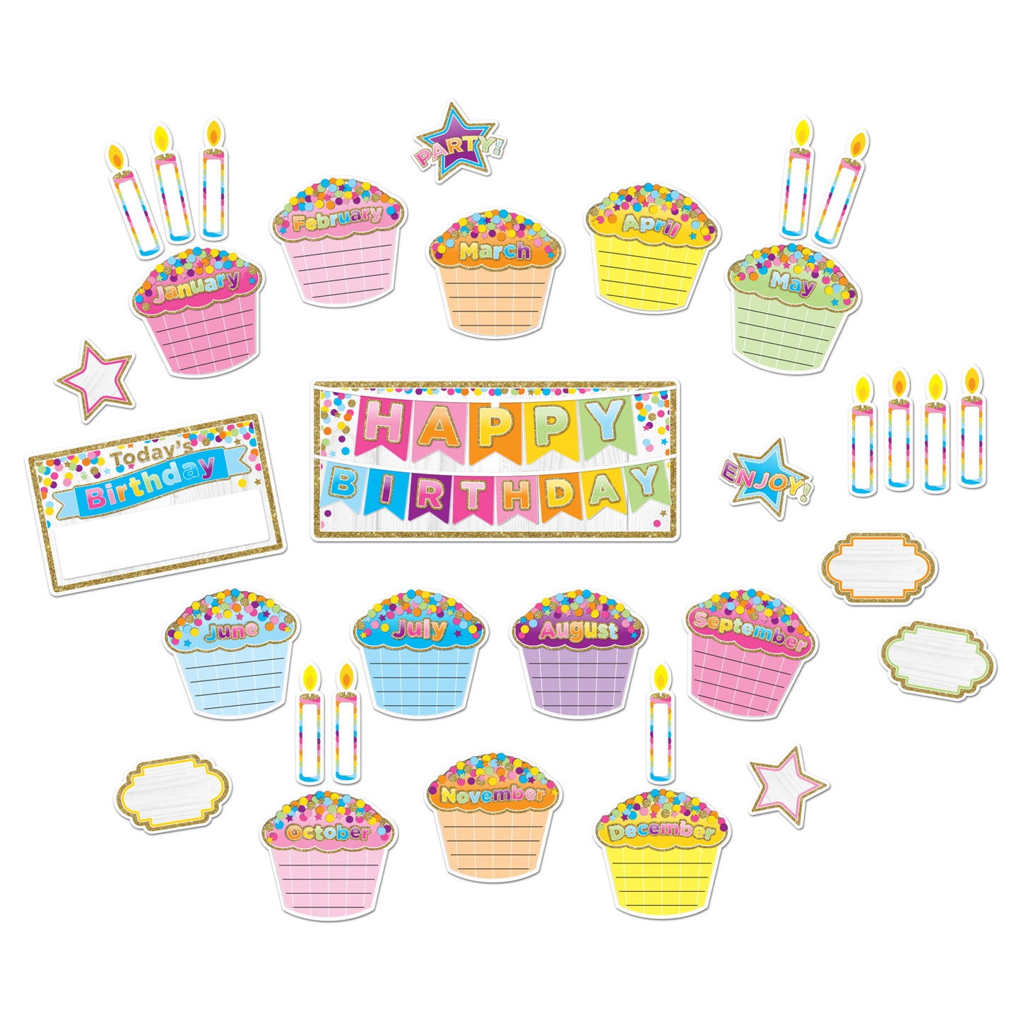 Smart Poly® Mini Bulletin Board Set, Birthday Confetti Design, 33 Pieces