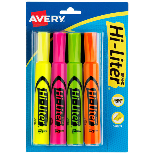 Hi-Liter® Desk-Style Highlighters, Assorted Colors, Smear Safe™, Nontoxic, 4 Highlighters