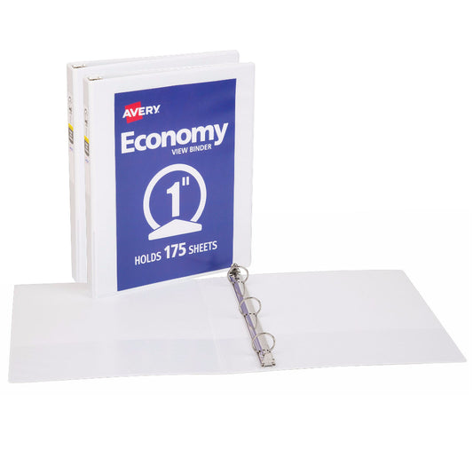 Economy View Binder, 1" Round Rings, 175-Sheet Capacity, White, Pack of 2