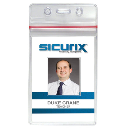 Zip Closure Sealable ID Badge Holders, Vertical, Clear, Pack of 50