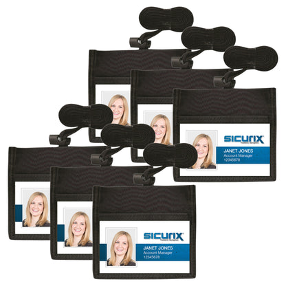 ID Neck Pouch Badge Holder, Horizontal, Adjustable Cord, 4" x 2-1/4" Insert, Black, Pack of 6