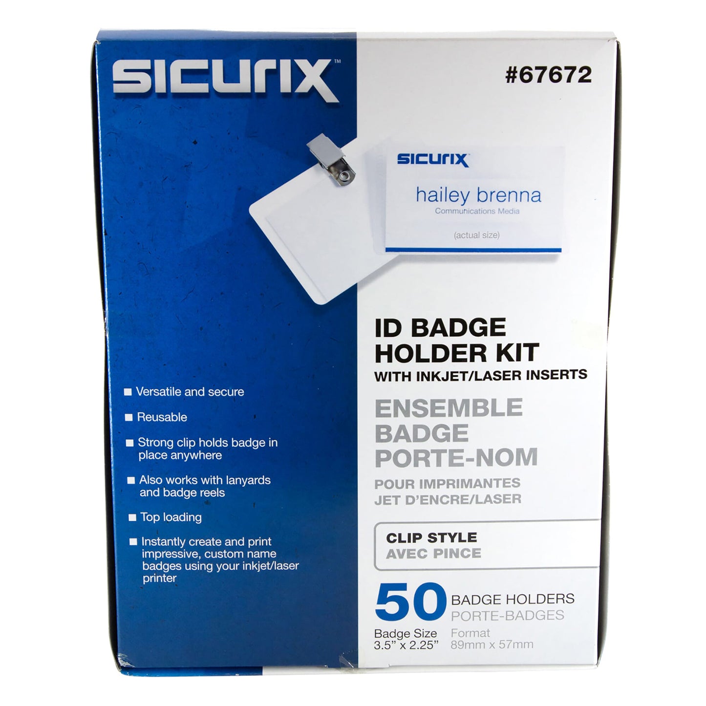 Clip Style ID Badge Holder Kit with Printable Inserts, 3-1/2" x 2-1/4", Pack of 50