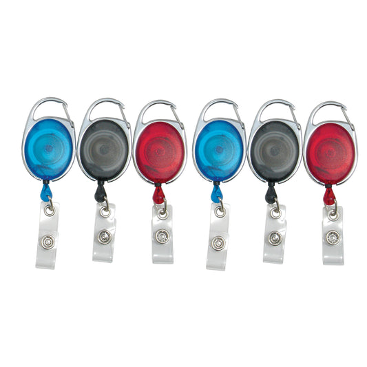 Quick Clip Oval ID Badge Reel, Red, Blue, Smoke, 3 Per Pack, 2 Packs