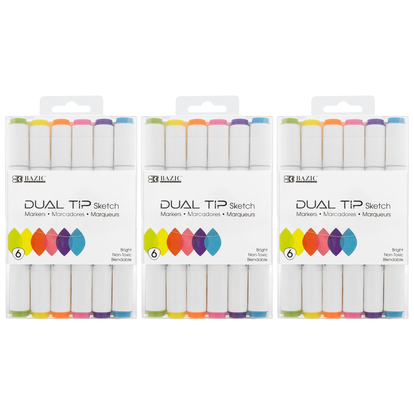 Dual Tip Sketch Markers, Fluorescent Colors, 6 Per Pack, 3 Packs