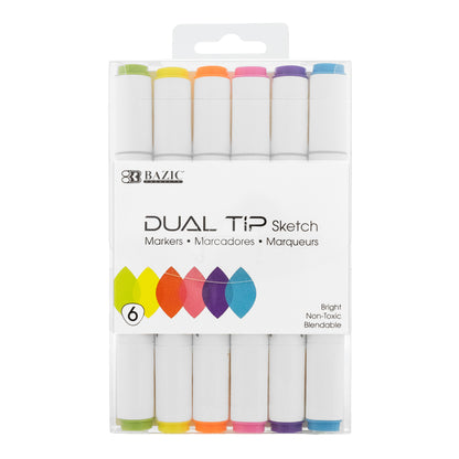 Dual Tip Sketch Markers, Fluorescent Colors, 6 Per Pack, 3 Packs
