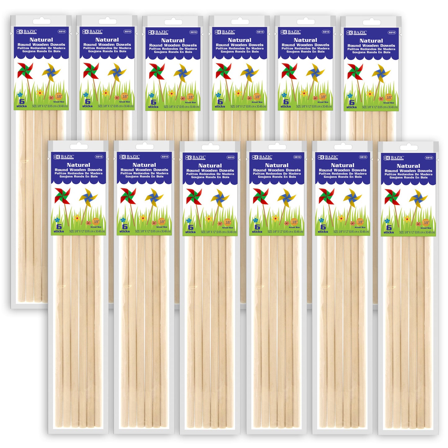 Round Natural Wooden Dowel, 3/8" x 12", 6 Per Pack, 12 Packs