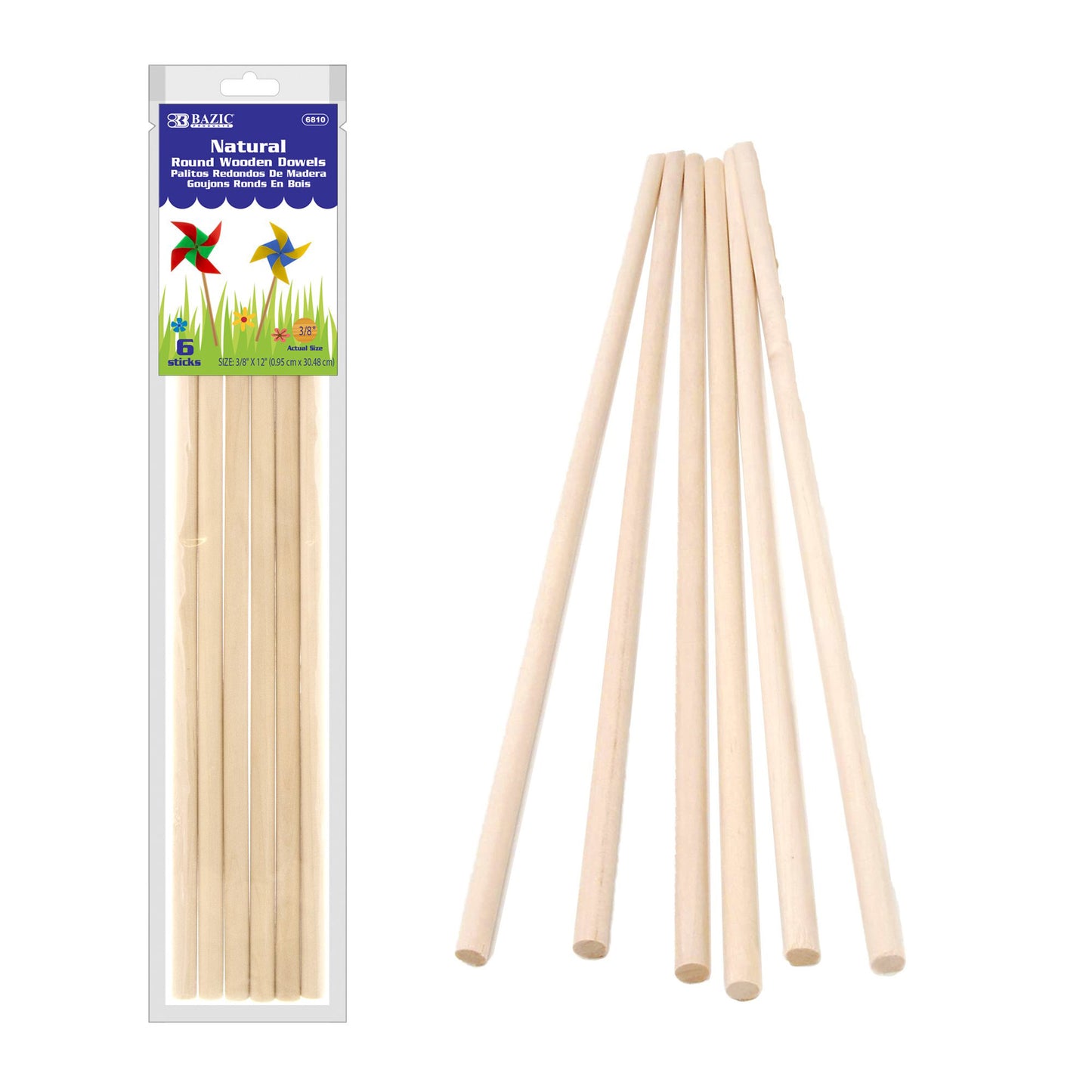 Round Natural Wooden Dowel, 3/8" x 12", 6 Per Pack, 12 Packs