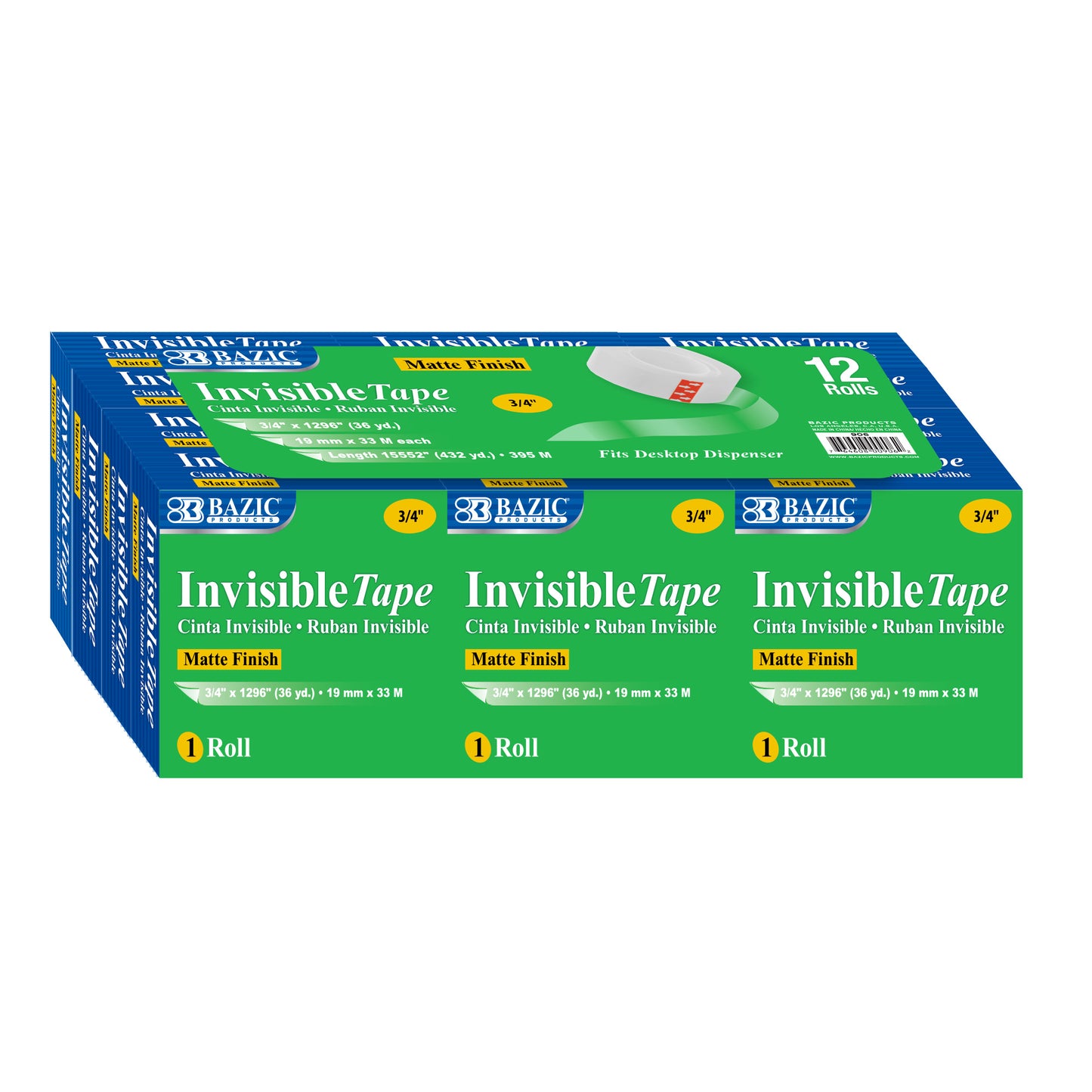 Tape Refill, Invisible Tape, 3/4" x 1000", 12 Rolls Per Pack, 2 Packs
