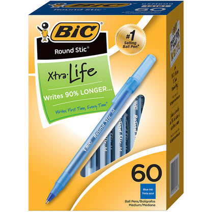 Round Stic® Xtra Life Ball Pen, Blue, 60 Per Pack, 2 Packs