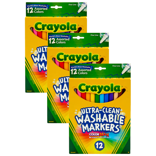 Crayola® Ultra-Clean Markers, Fine Line, Assorted Colors, 12 Per Box, 3 Boxes