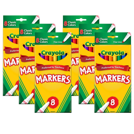 Crayola® Original Formula Markers, Fine tip, 8 Classic Colors per box, Set of 6 boxes