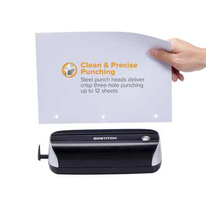 Electric or Battery 3-Hole Paper Punch, 12 Sheet Capacity