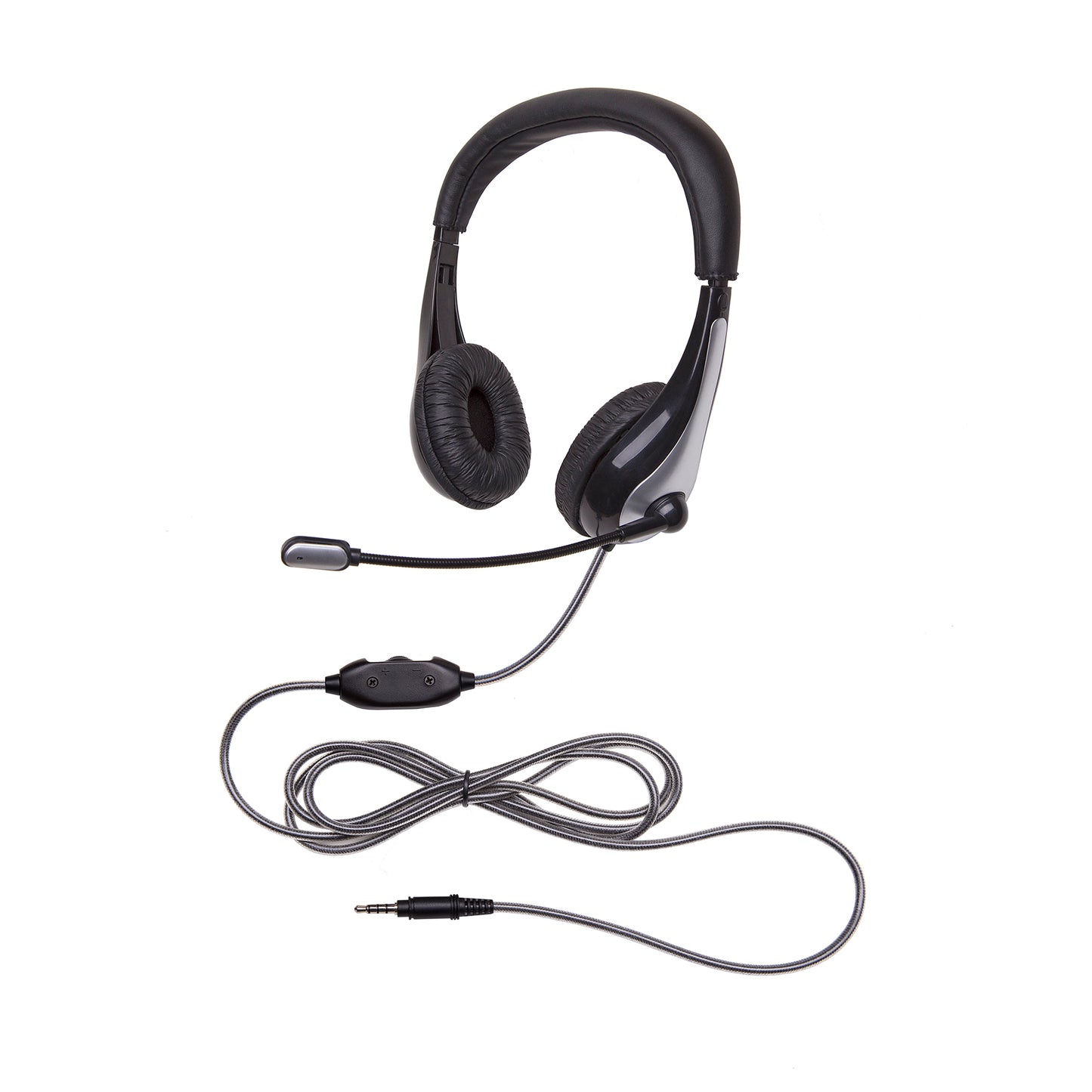 NeoTech 1025MT Mid-Weight, On-Ear Stereo Headset with Gooseneck Microphone, 3.5mm Plug, Black/Silver