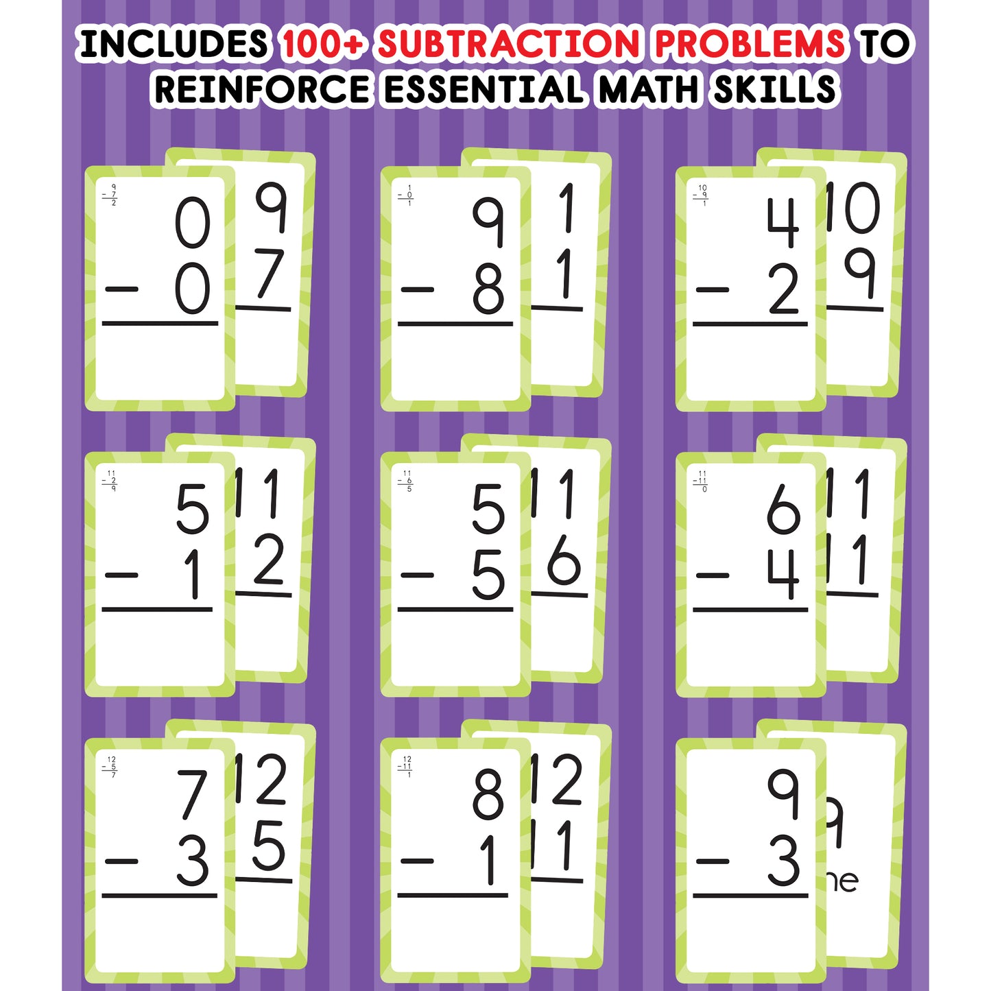 Subtraction 0 to 12 Flash Cards, 54 Cards