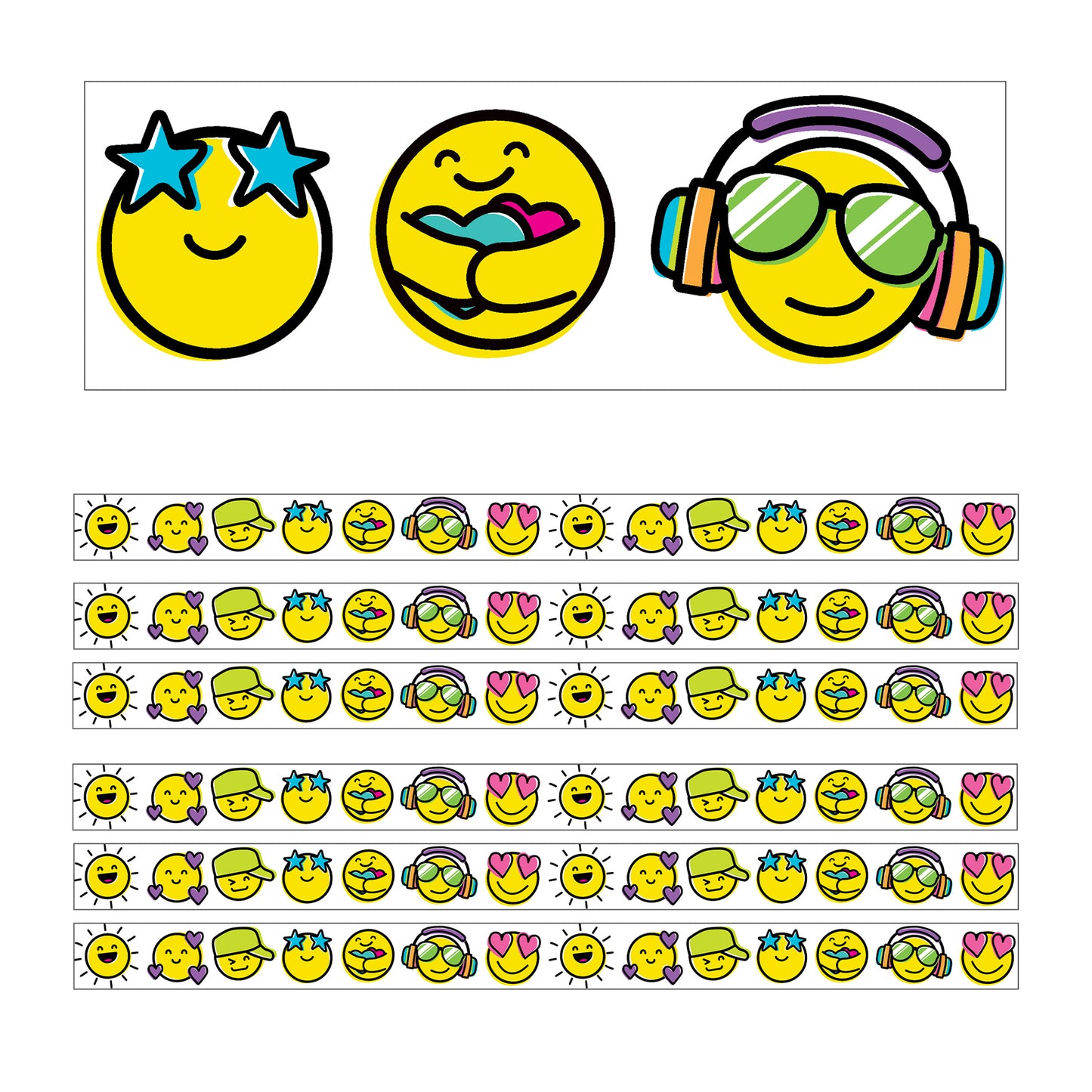 Kind Vibes Smiley Faces Straight Borders, 36 Feet Per Pack, 6 Packs