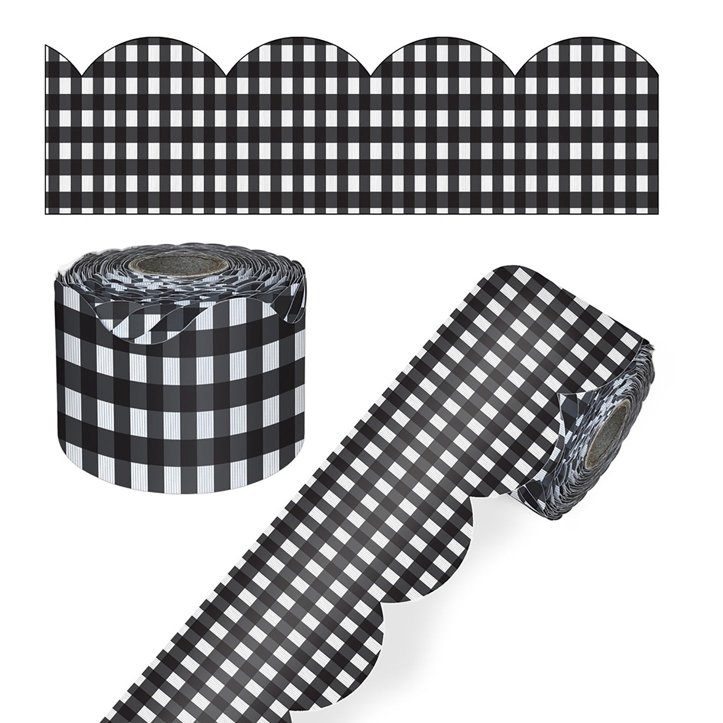 Black Gingham Rolled Scalloped Borders, 65 Feet Per Roll, Pack of 3