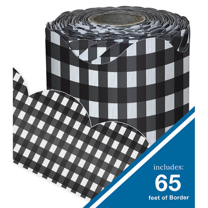 Black Gingham Rolled Scalloped Borders, 65 Feet Per Roll, Pack of 3