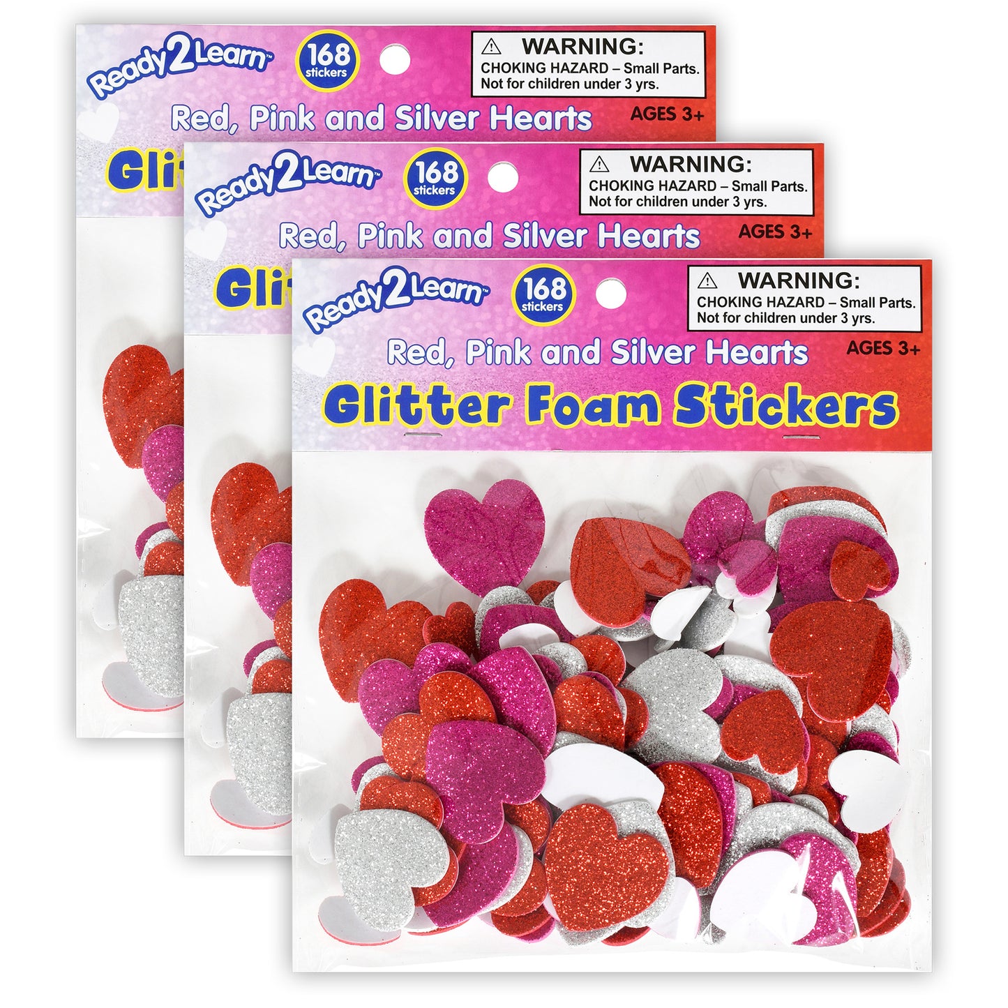 Glitter Foam Stickers - Hearts - Red, Pink and Silver - 168 Per Pack - 3 Packs
