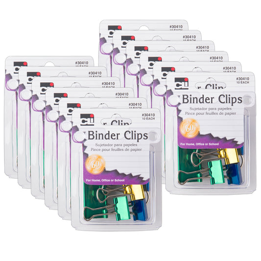 Assorted Binder Clips, 10 Per Pack, 12 Packs