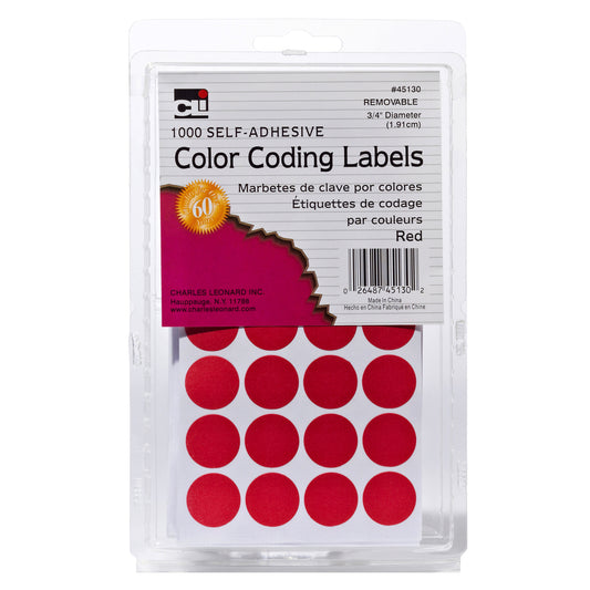 Color Coding Dots, Self-Adhesive Labels, 0.75 Inch Diameter, Red, Box of 1000