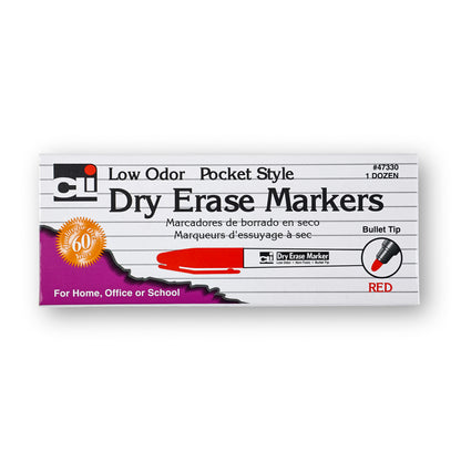 Dry Erase Markers, Low Odor, Pocket Style, Bullet Tip, Red, 12 Per Box, 3 Boxes