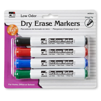 Barrel Style Dry Erase Markers, Assorted Colors, Chisel Tip, 4 Per Pack, 12 Packs