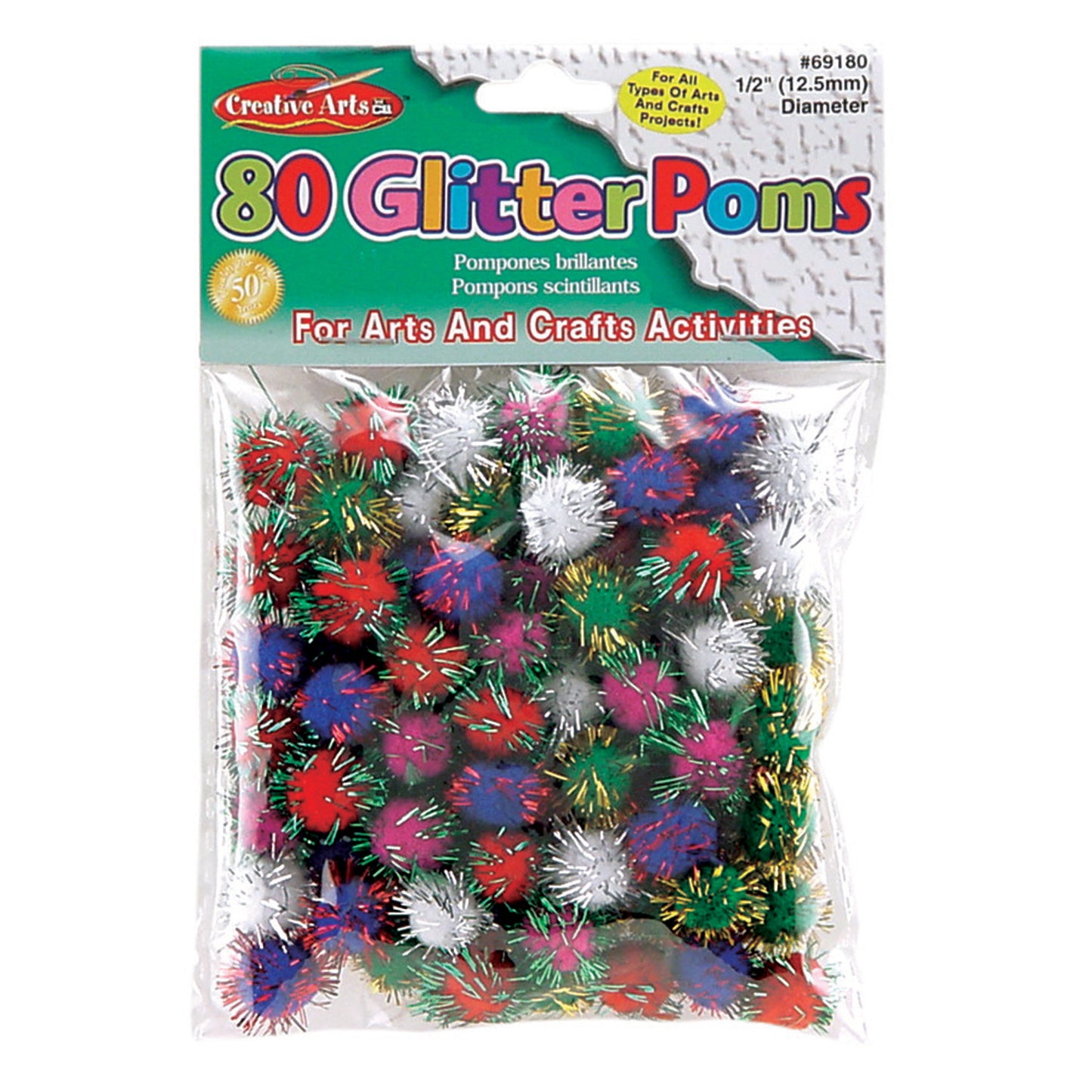 Creative Arts by Charles Leonard Pom-Poms, 1/2 Inch, Glitter Assorted, Bag of 80