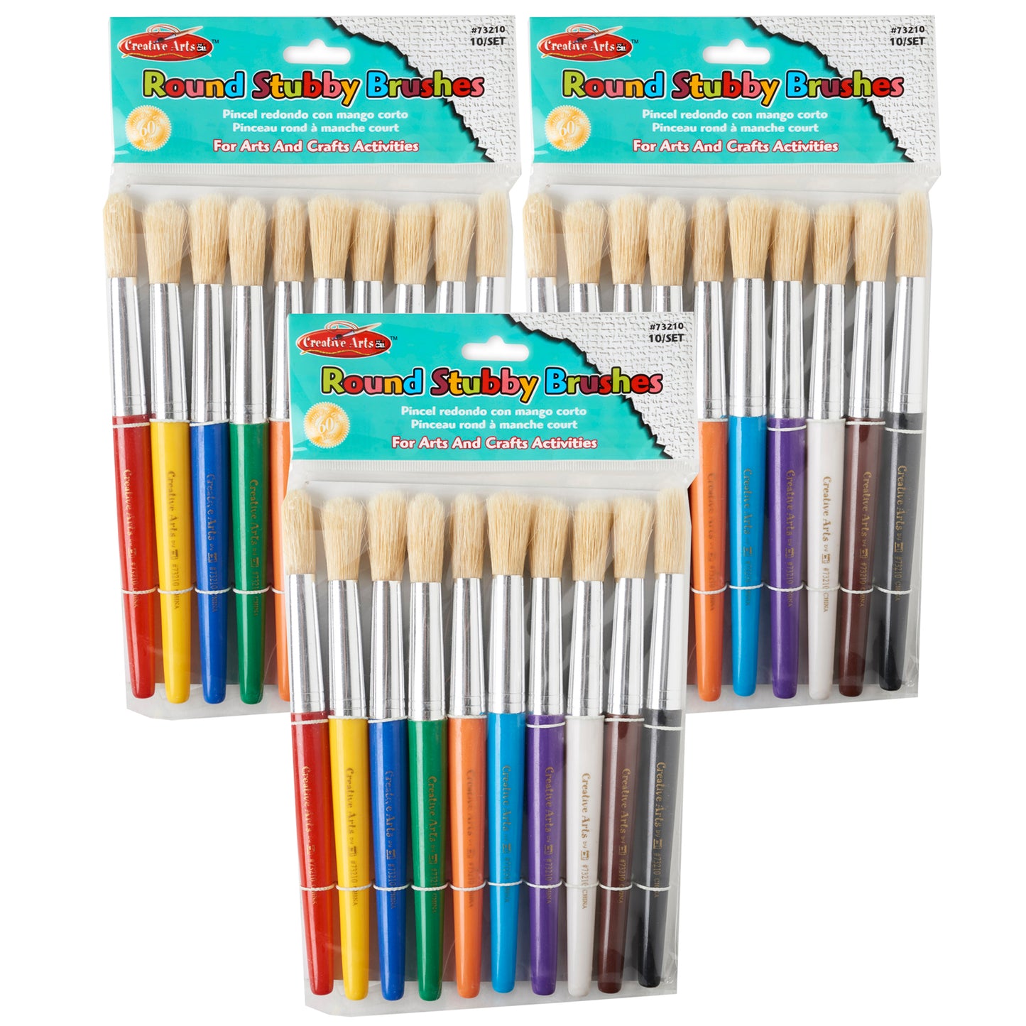 Creative Arts Stubby Round Brushes, Assorted Colors, 10 Per Pack, 3 Packs