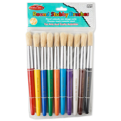 Stubby Round Brushes, Natural Bristles, Assorted Colors, Set of 10