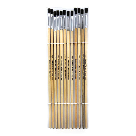 Flat Tip Easel Paint Brushes with Long Handle, 0.25 Inch, Natural Handles and Black Bristles, 12/Pack