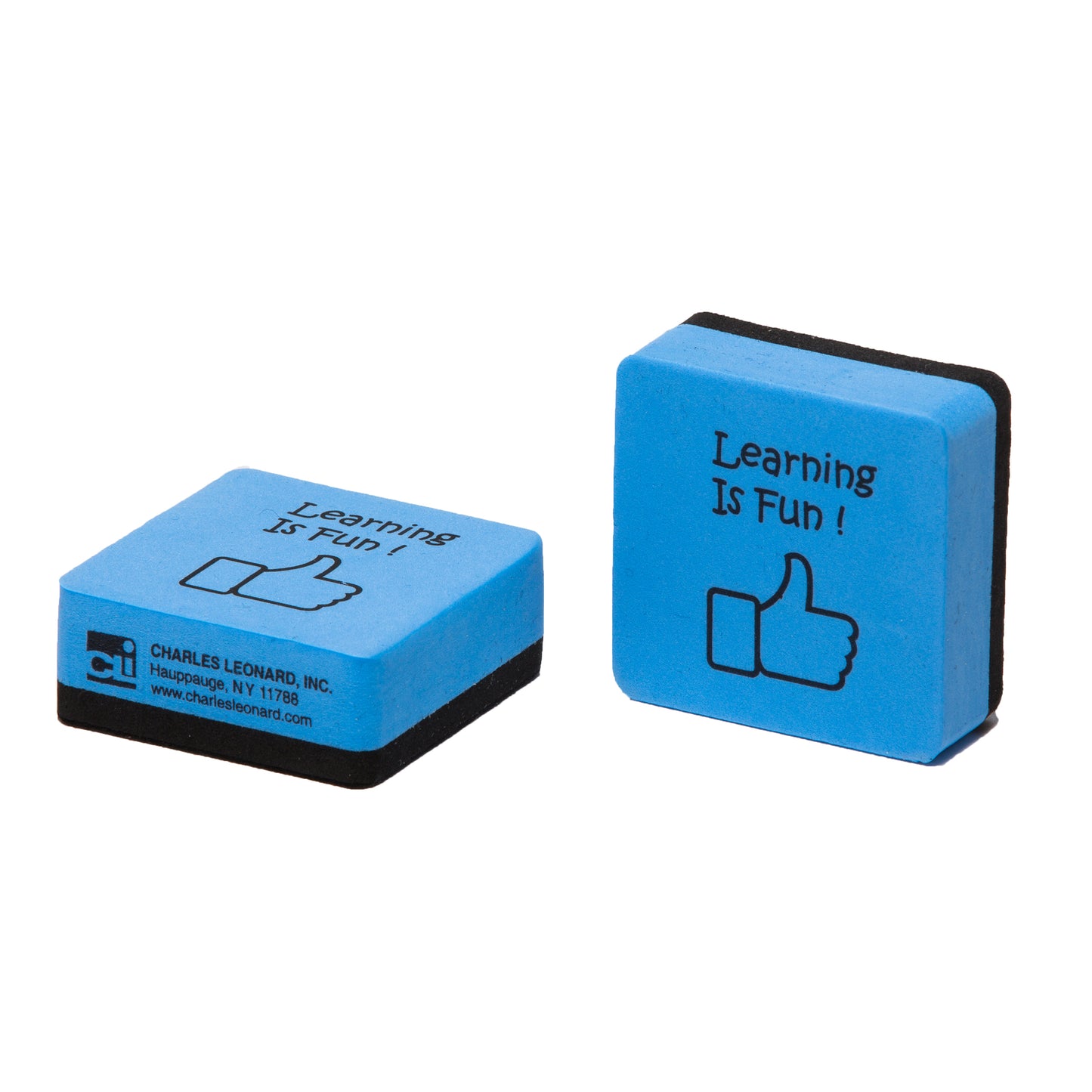 Mini Whiteboard Eraser, Felt/Foam, 2"x2" "Learning is Fun", Blue/Black, 15 Per Pack, 3 Packs