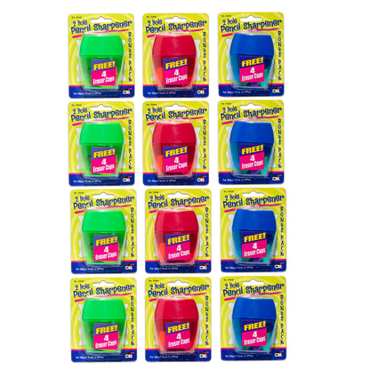 3 Hole Pencil Sharpener w/catcher, Assorted Colors, 12 per Pack, 2 Packs