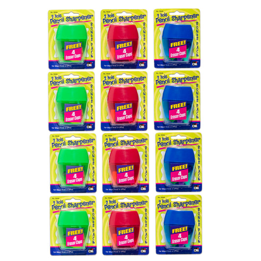 3 Hole Pencil Sharpener w/catcher, Assorted Colors, 12 per Pack, 2 Packs