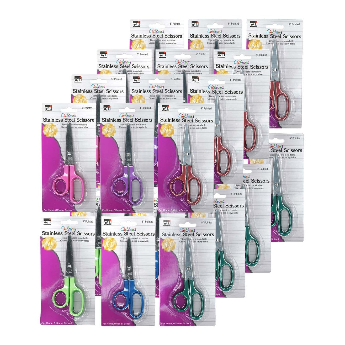 Children's 5" Scissors, Pointed Tip, Assorted Colors, Pack of 24