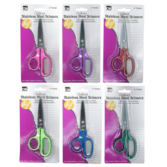 Children's 5" Scissors, Pointed Tip, Assorted Colors, Pack of 24