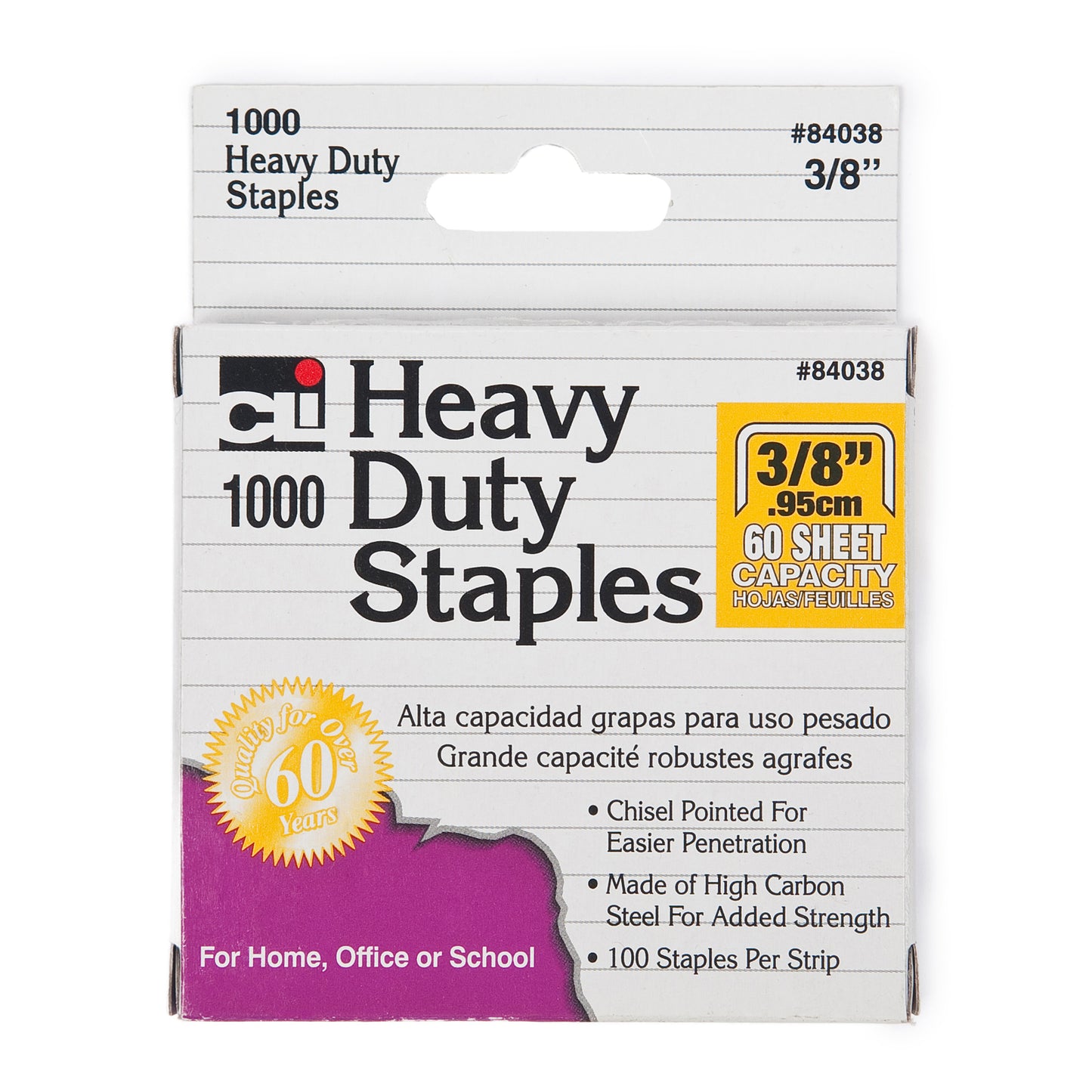 Staples, Heavy Duty, 3/8" Leg Length, Carbon Steel, Silver, Box of 1000