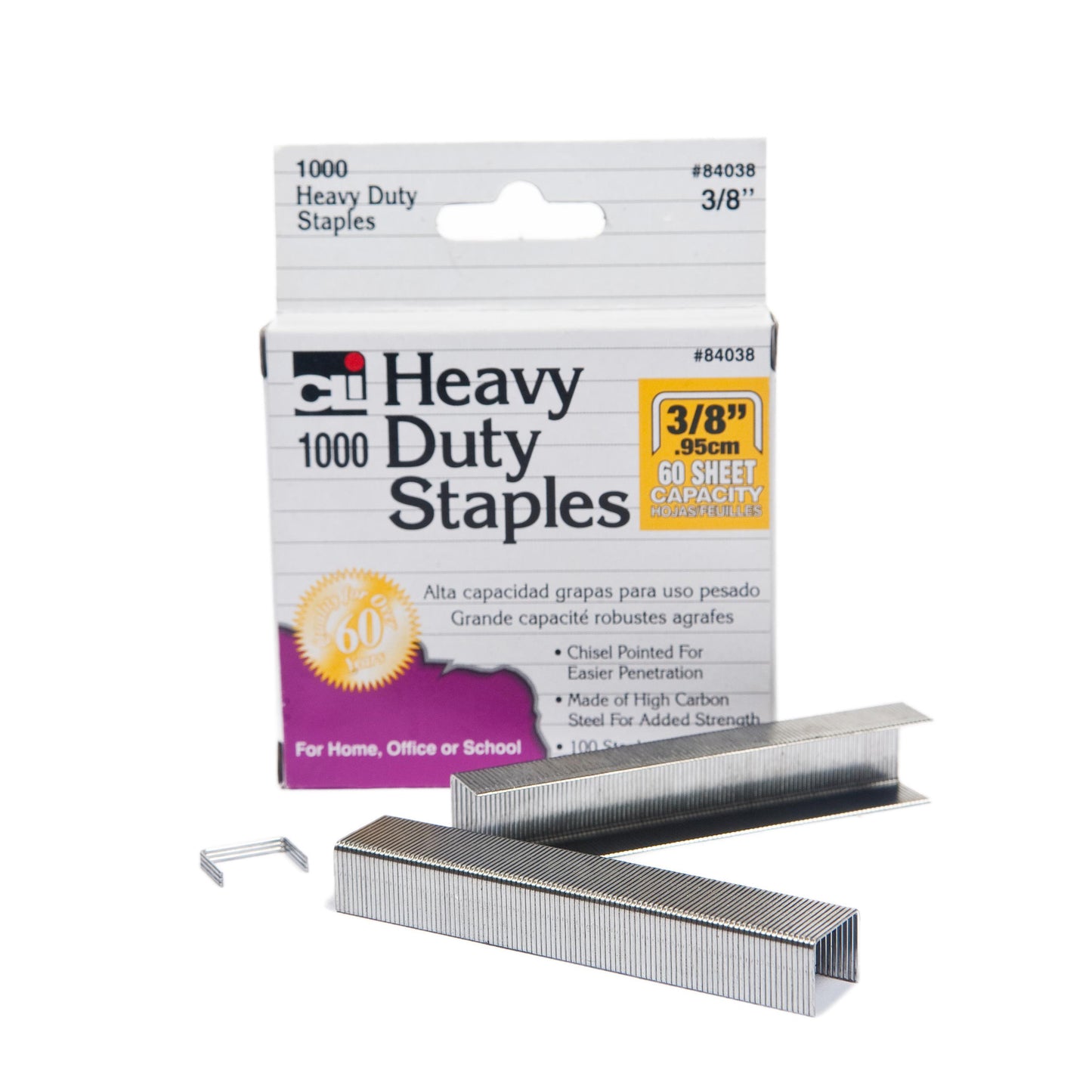 Staples, Heavy Duty, 3/8" Leg Length, Carbon Steel, Silver, Box of 1000