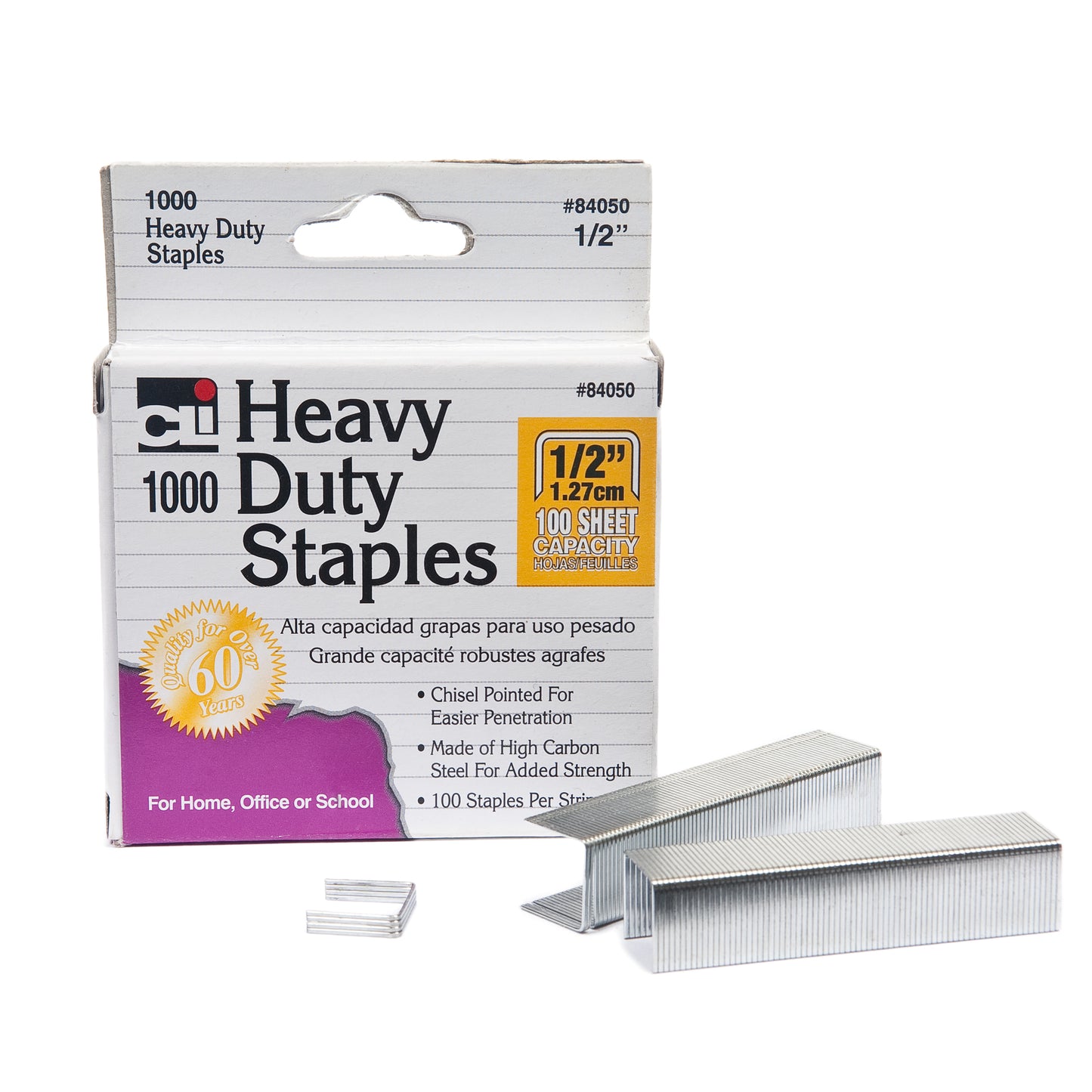 Heavy Duty Staples, 1/2 Inch Leg Length, Carbon Steel, Silver, 1000 Per Pack, 6 Packs