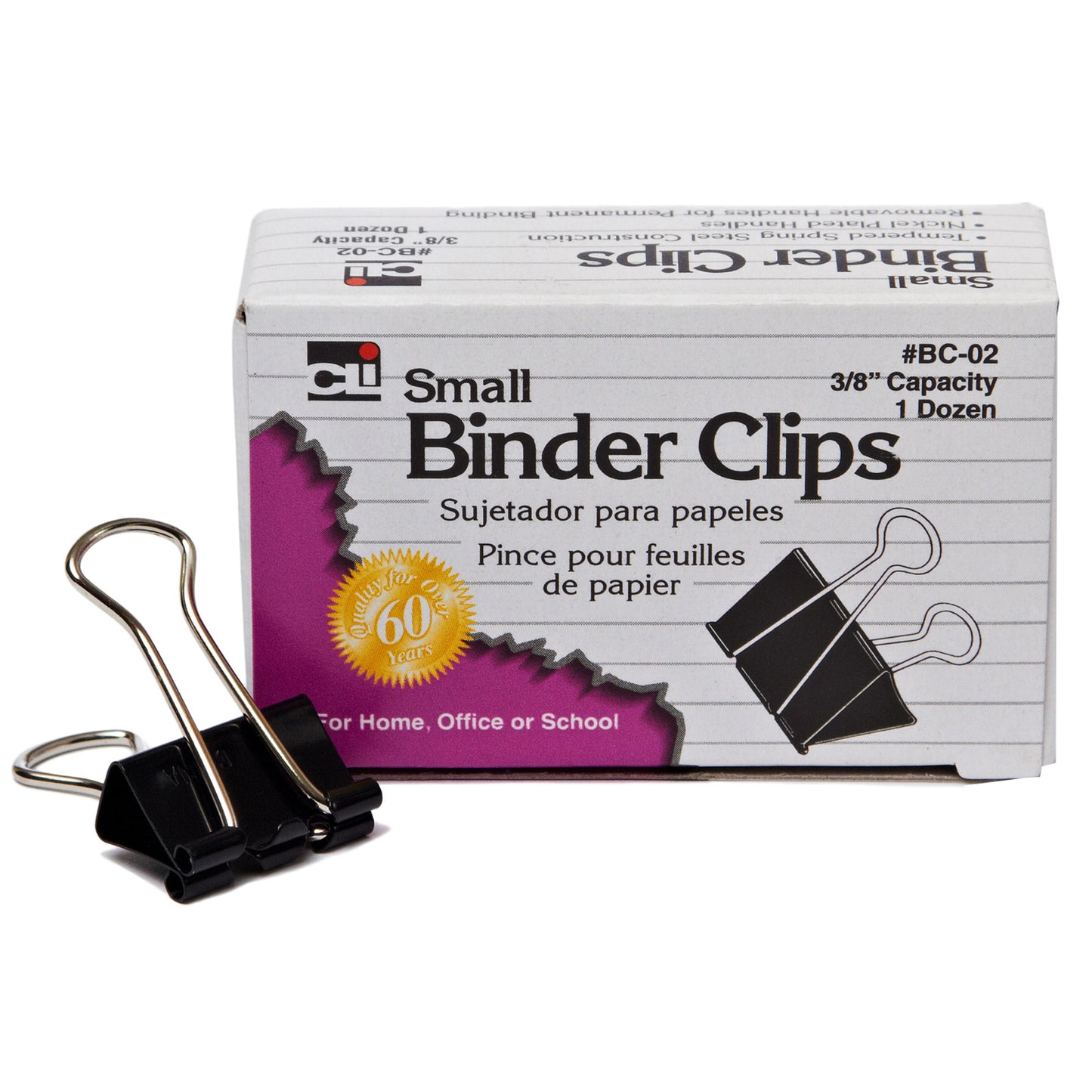 Binder Clips, Small, 3/8" Capacity, 12 Per Box, 60 Boxes