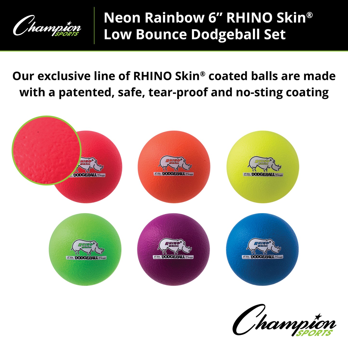 Rhino Skin® 6-Inch Low Bounce Dodgeball Set, Assorted Neon Colors, Set of 6