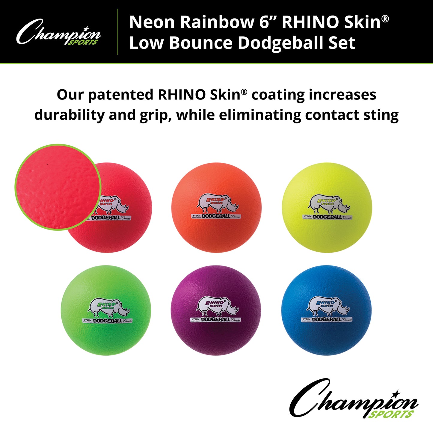 Rhino Skin® 6-Inch Low Bounce Dodgeball Set, Assorted Neon Colors, Set of 6