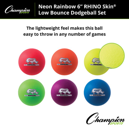 Rhino Skin® 6-Inch Low Bounce Dodgeball Set, Assorted Neon Colors, Set of 6