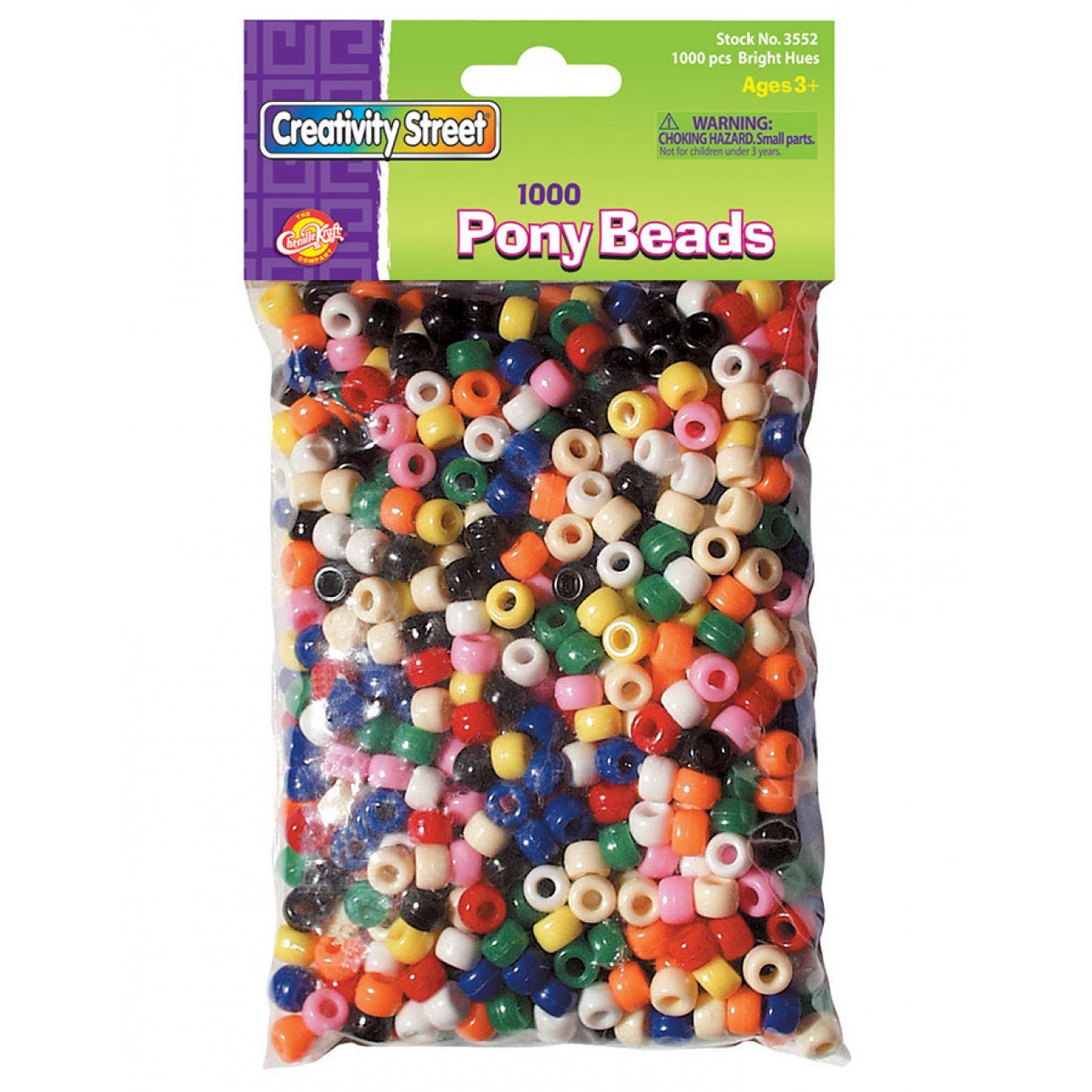 Pony Beads, Assorted Bright Hues, 6 mm x 9 mm, 1000 Per Pack, 6 Packs