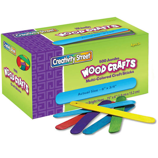 Jumbo Craft Sticks, Bright Hues Assorted, 6" x 0.75", 500 Per Pack, 2 packs